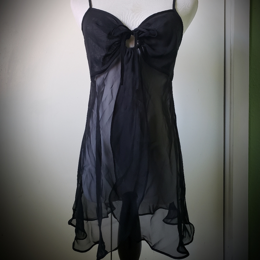 VS Black Sheer Babydoll Chemise Lingerie S High Low Hem